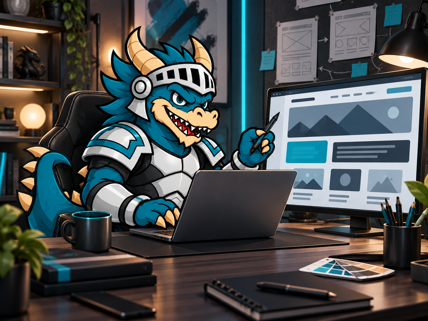 Dragon mascot designing a website